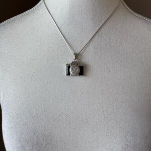 Vintage Camera Necklace in Black Enamel with Silver Chain and Center Rhinestone